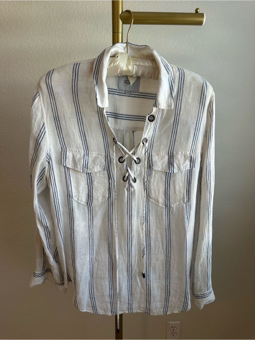 Rails Linen White and Blue Striped Lace-Up Shirt